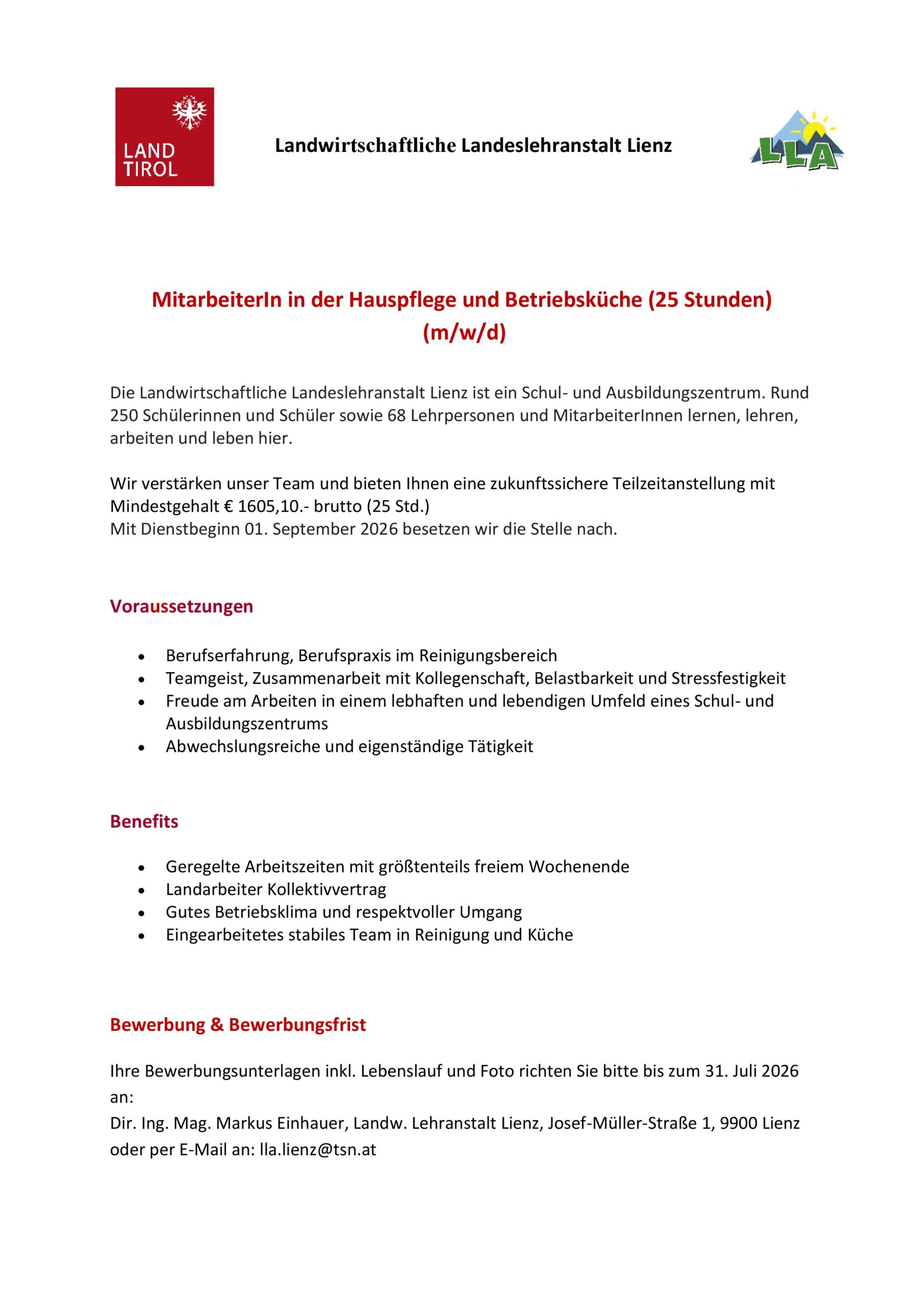 Stellenausschreibung Küchenhilfe und Hauspflege
